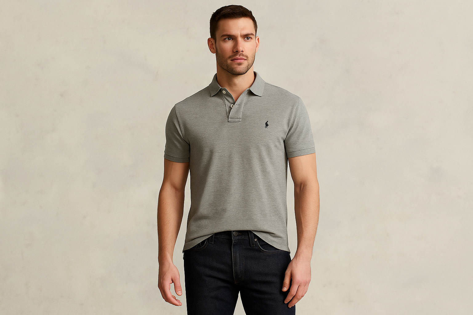 Look 1: Polo Ralph Lauren gris con jeans oscuros - Estilo classic preppy