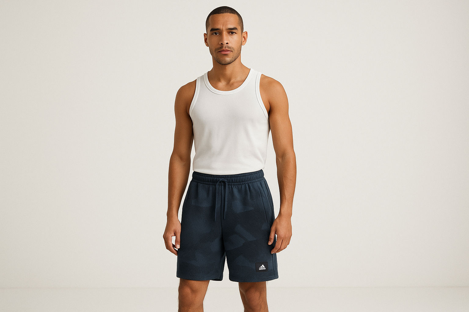 Look 1: Shorts con tank top blanco - Estilo deportivo casual