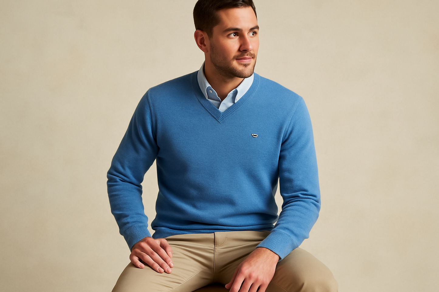 Look 2 - Con camisa azul claro por debajo, pose sentado