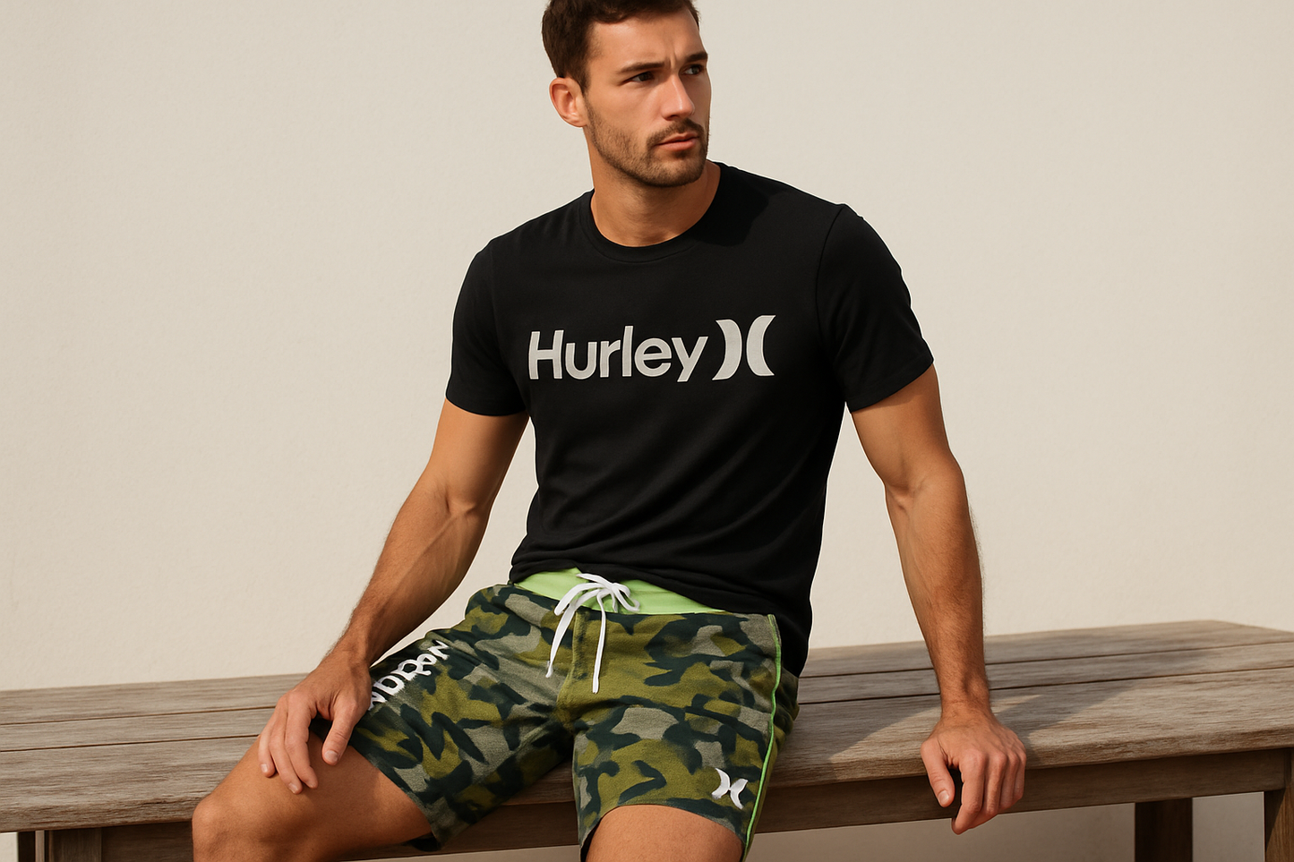 Look 2 - Con camiseta Hurley negra con logo, pose sentado