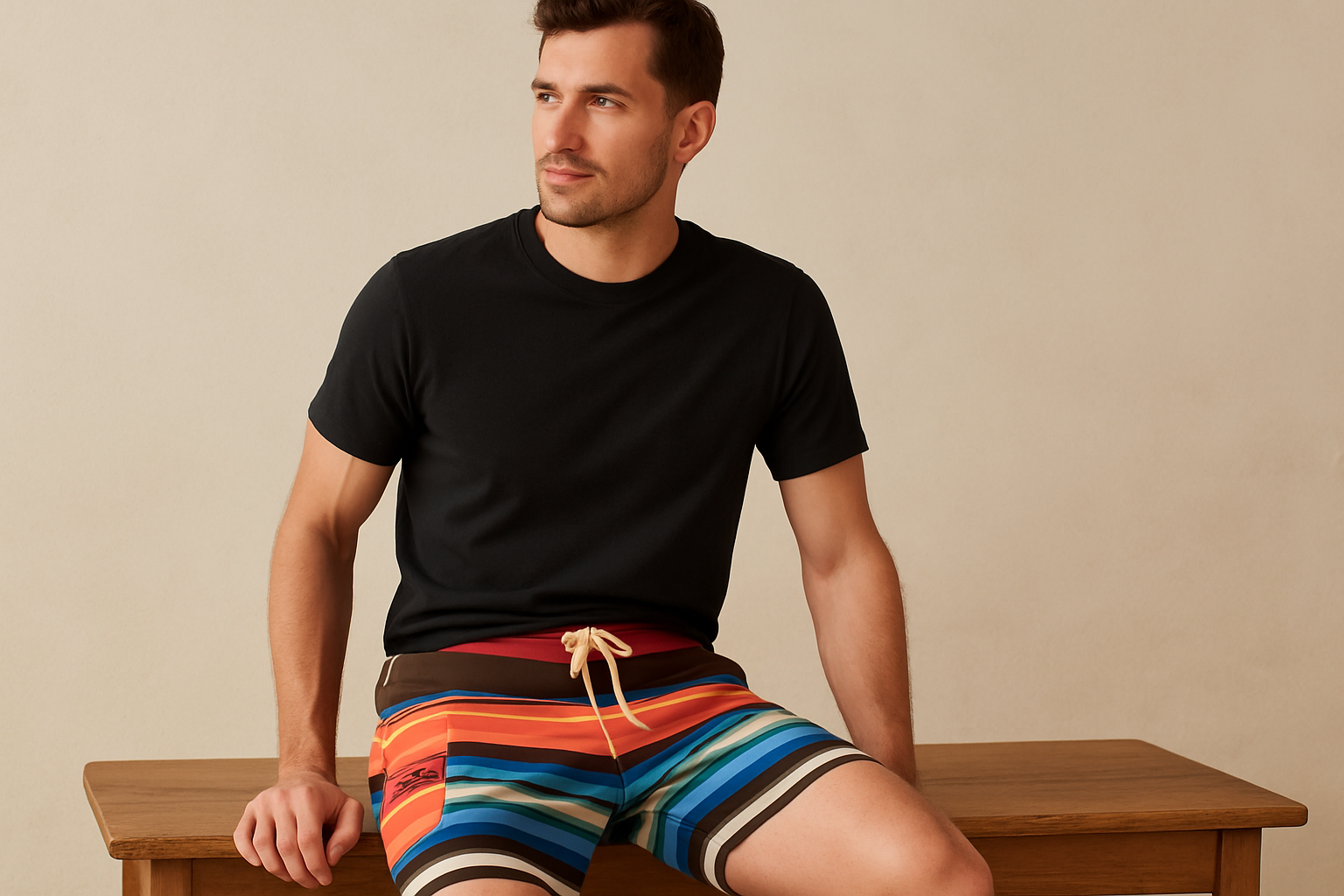 Look 2 - Con camiseta negra de cuello redondo, pose sentado