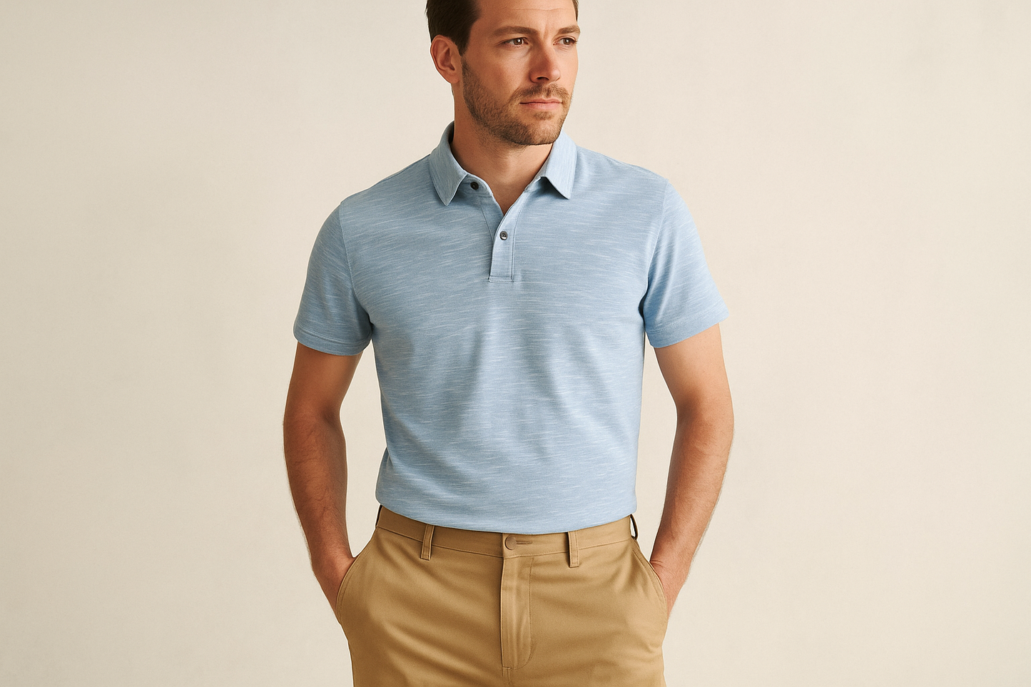 Look 2: Polo azul claro jaspeada con chinos caqui - Estilo smart casual