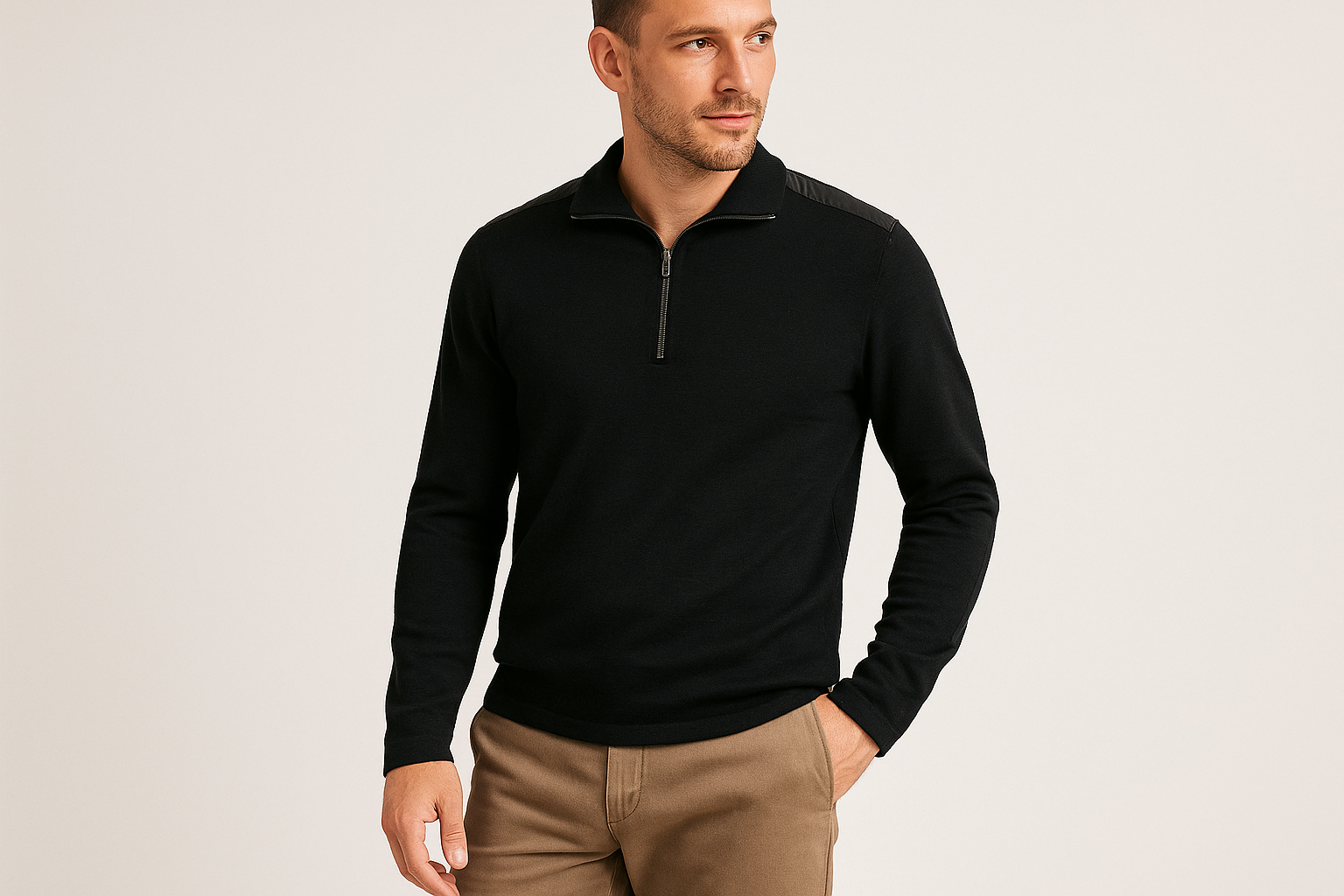 Look 2: Sudadera negra con chinos caqui - Estilo smart casual