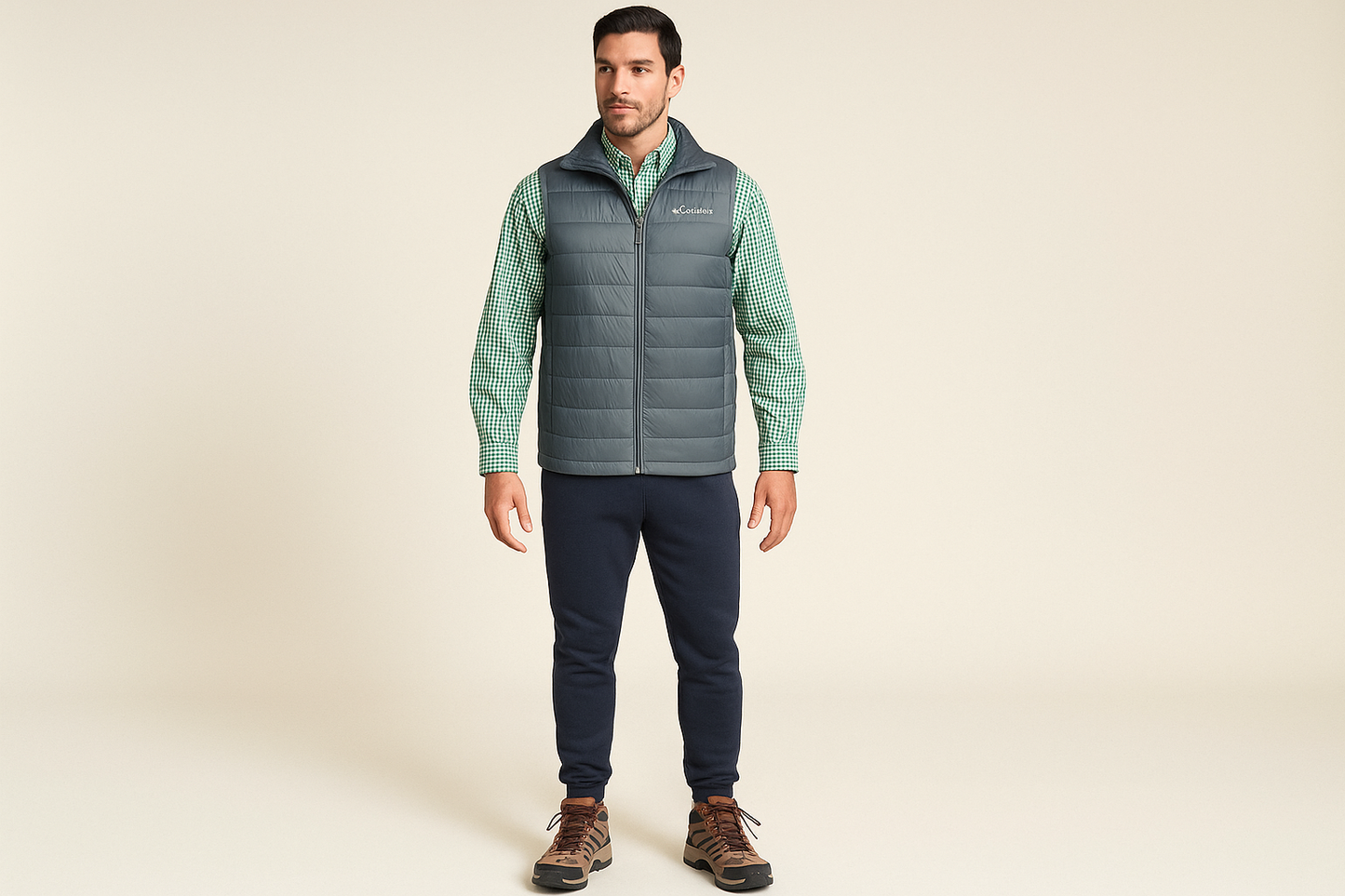 Look 3: Chaleco Columbia con joggers azul marino - Estilo outdoor athleisure