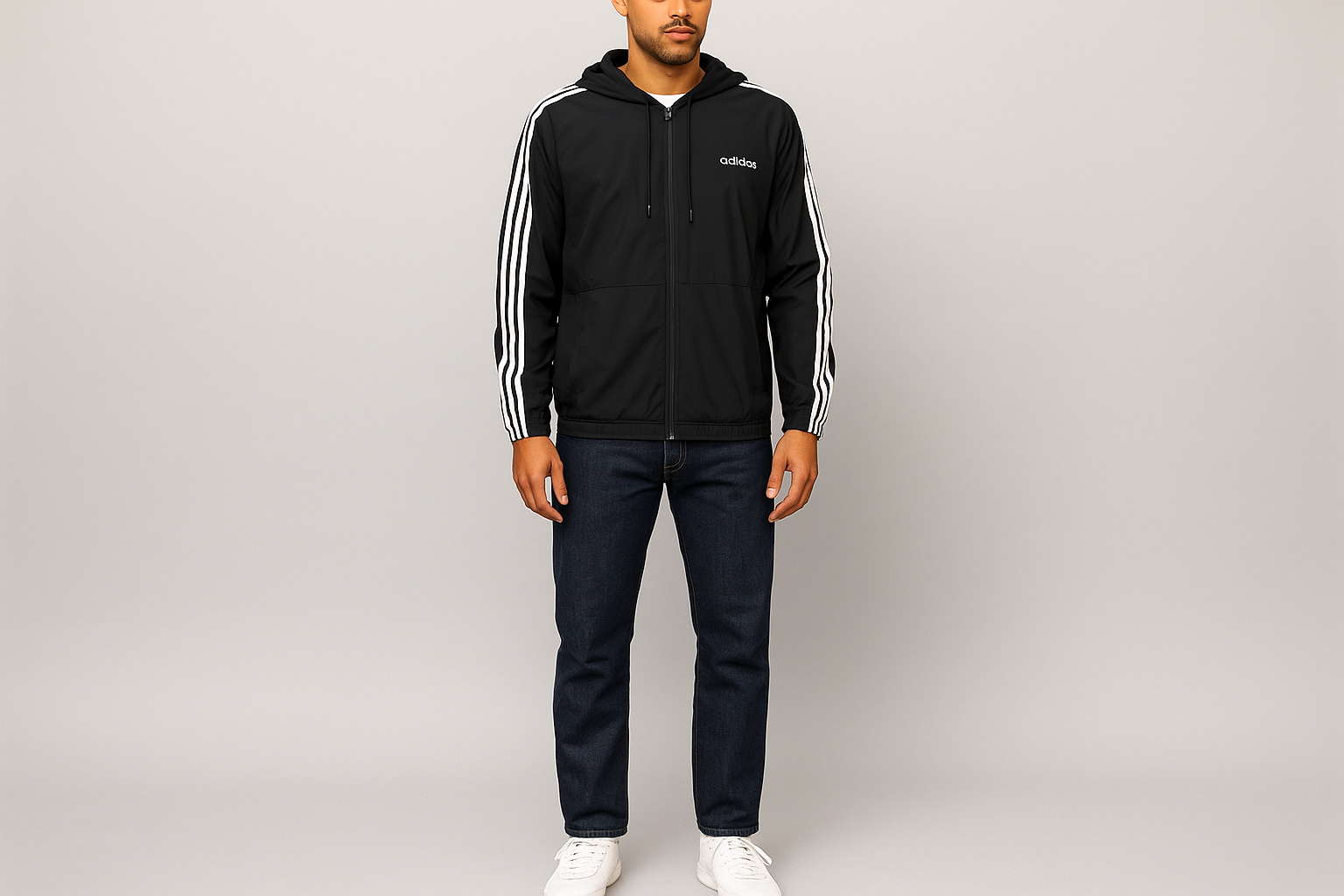 Look 3: Chaqueta Adidas con jeans oscuros - Estilo athleisure