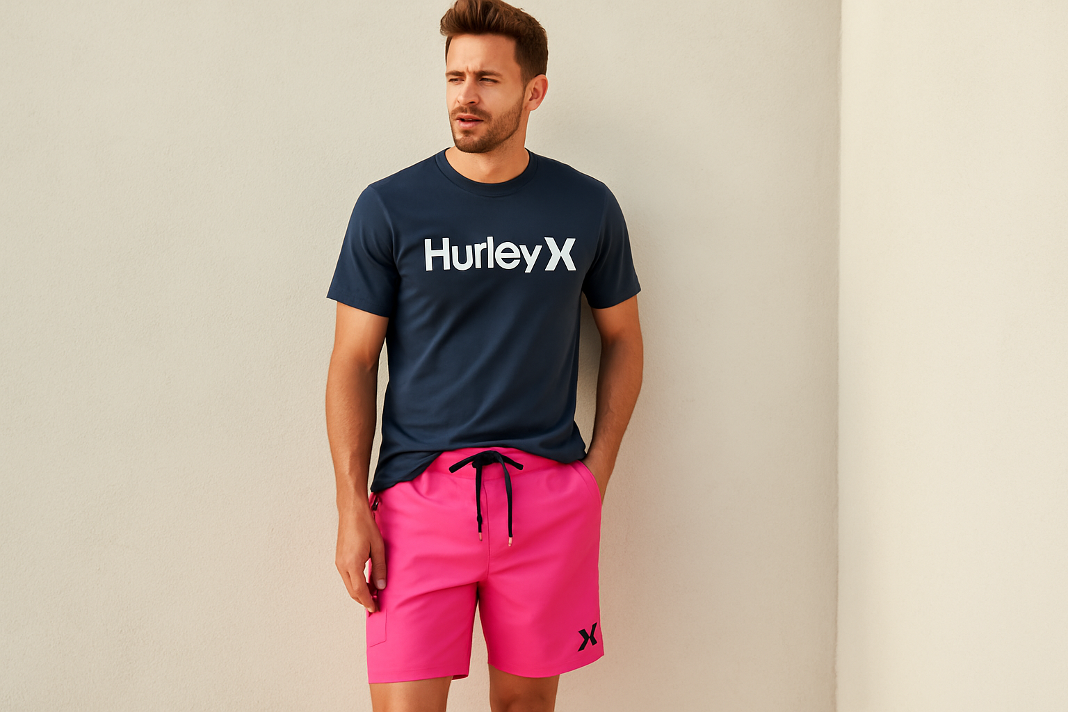Look 3 - Con camiseta Hurley azul marino surf, pose apoyado