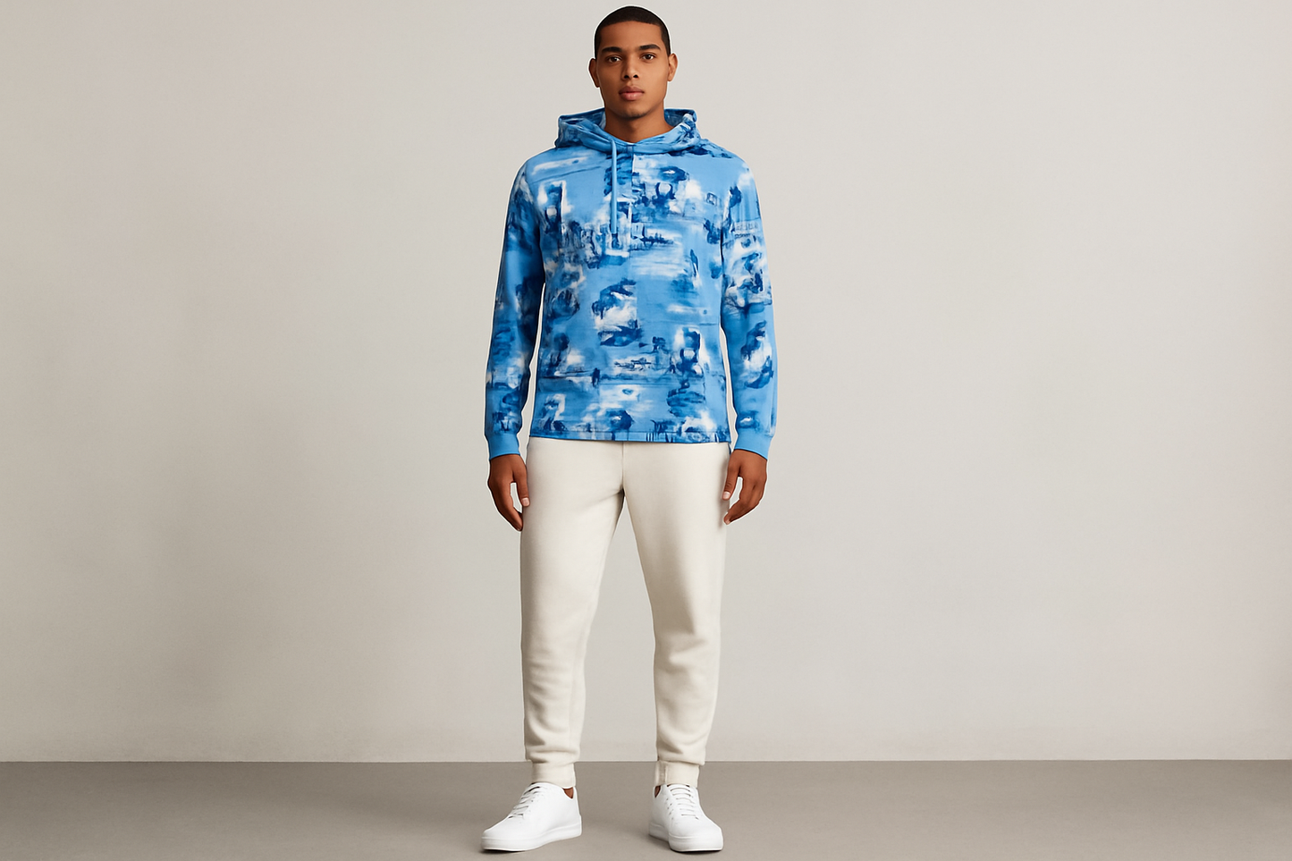 Look 3: Hoodie hawaiana con joggers blancos - Estilo tropical casual