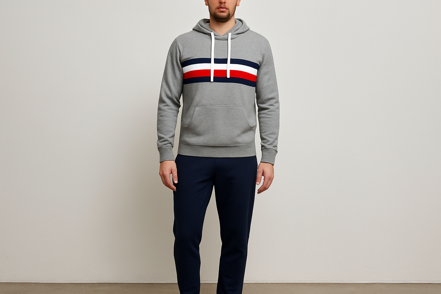 Look 3: Hoodie tricolor con pants azul marino - Estilo sporty casual