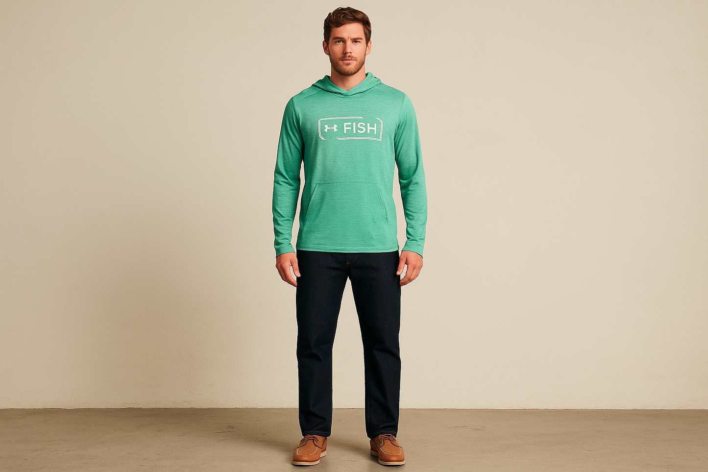 Look 3: Hoodie Under Armour Fish con jeans oscuros - Estilo casual fishing