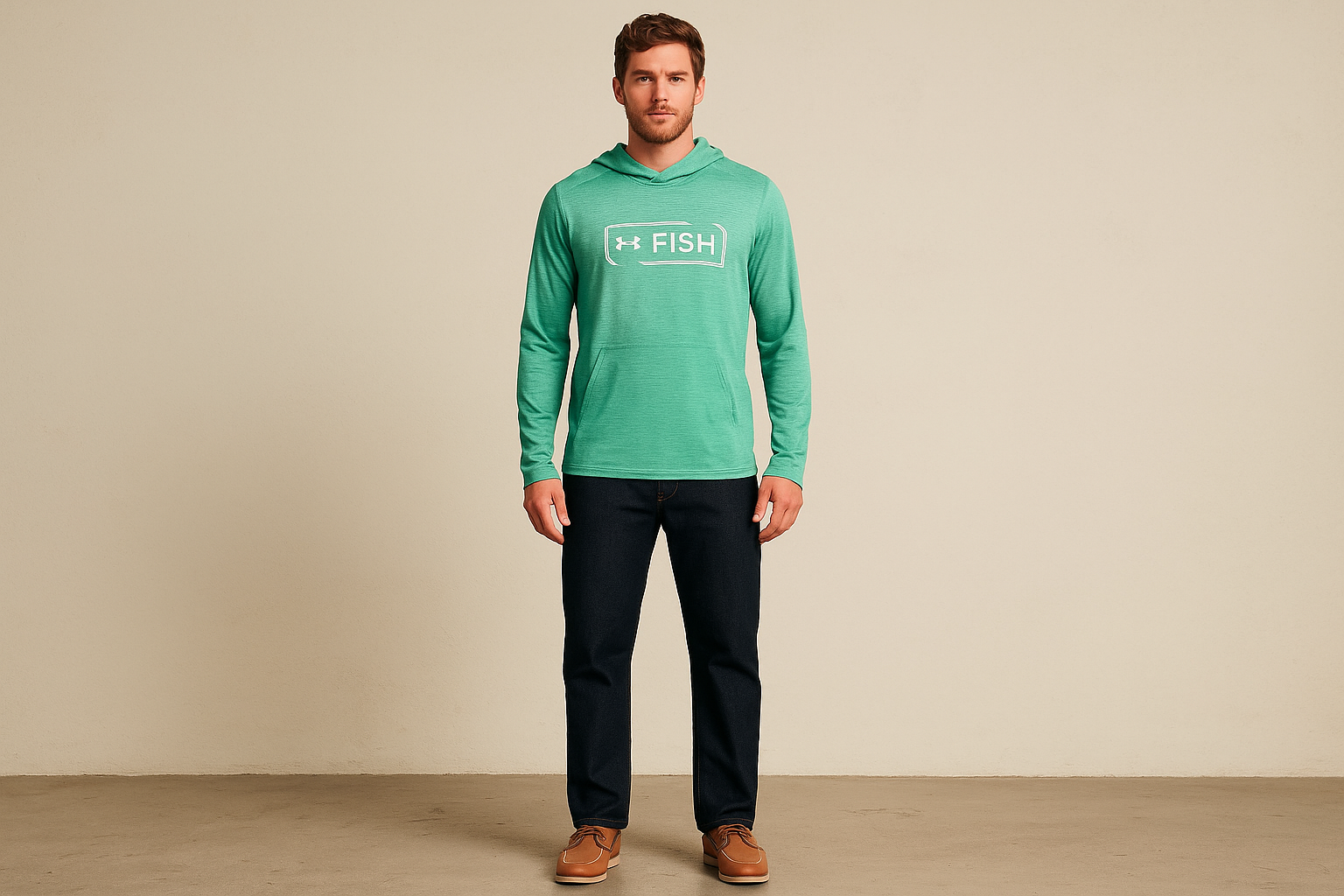 Look 3: Hoodie Under Armour Fish con jeans oscuros - Estilo casual fishing