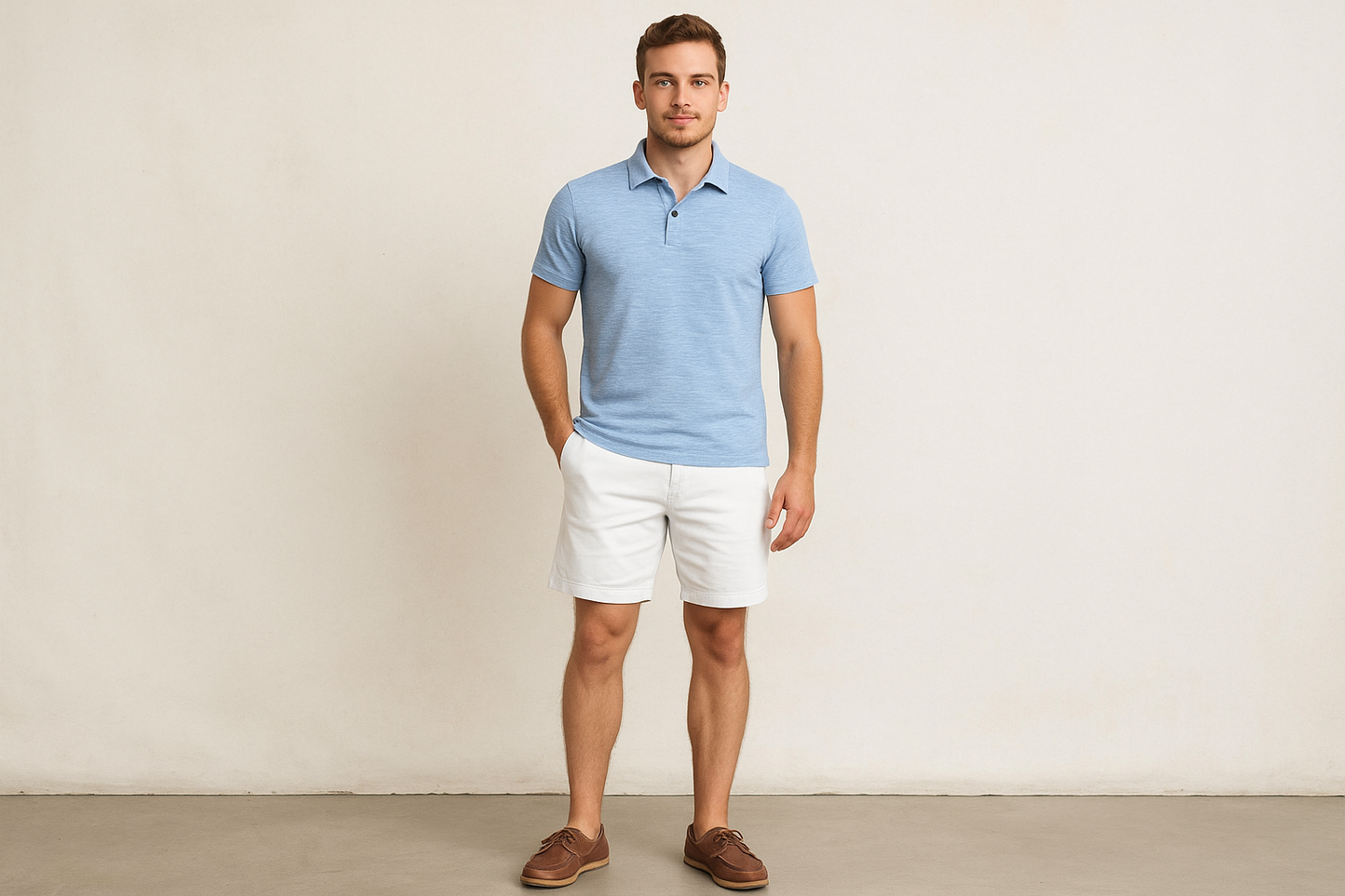 Look 3: Polo azul claro jaspeada con shorts blancos - Estilo summer casual