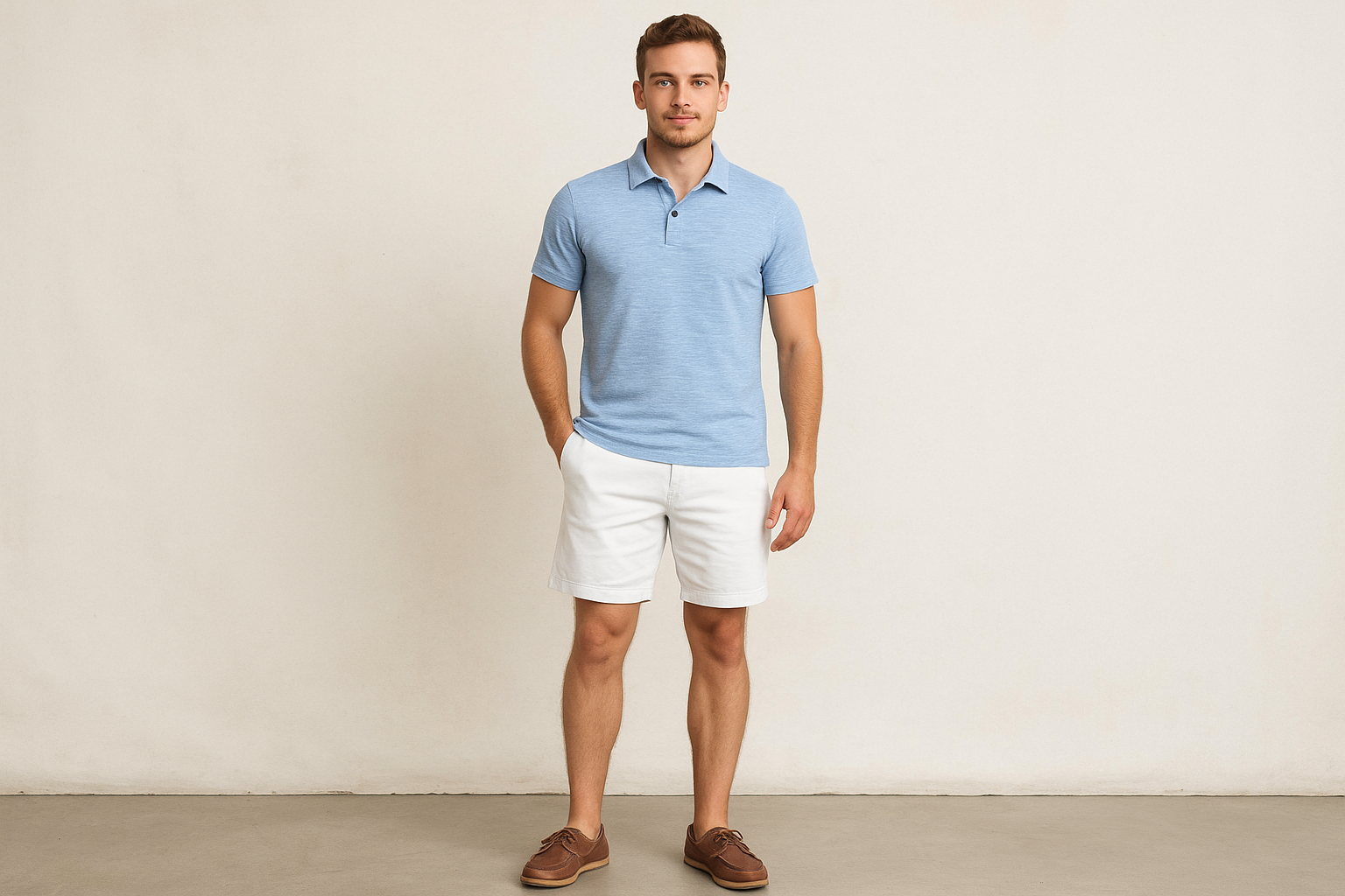 Look 3: Polo azul claro jaspeada con shorts blancos - Estilo summer casual