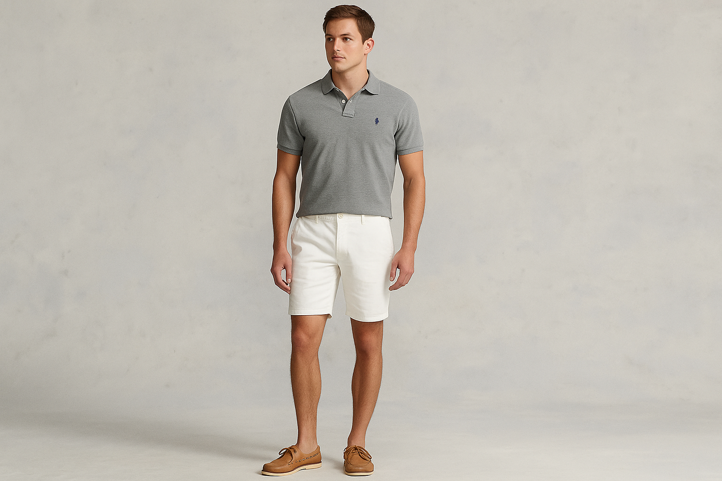 Look 3: Polo Ralph Lauren gris con shorts blancos - Estilo summer preppy