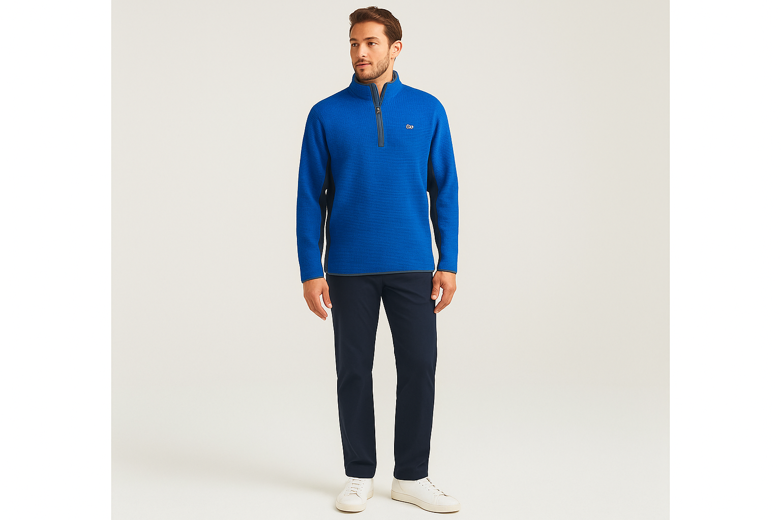 Look 3: Suéter Vineyard Vines con pantalones azul marino - Estilo elevated casual