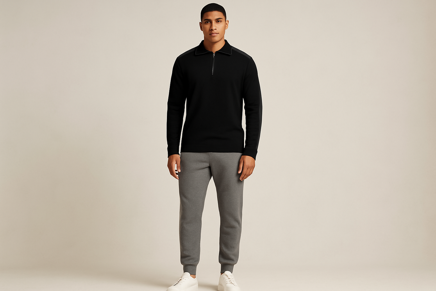 Look 3: Sudadera negra con joggers grises - Estilo athleisure