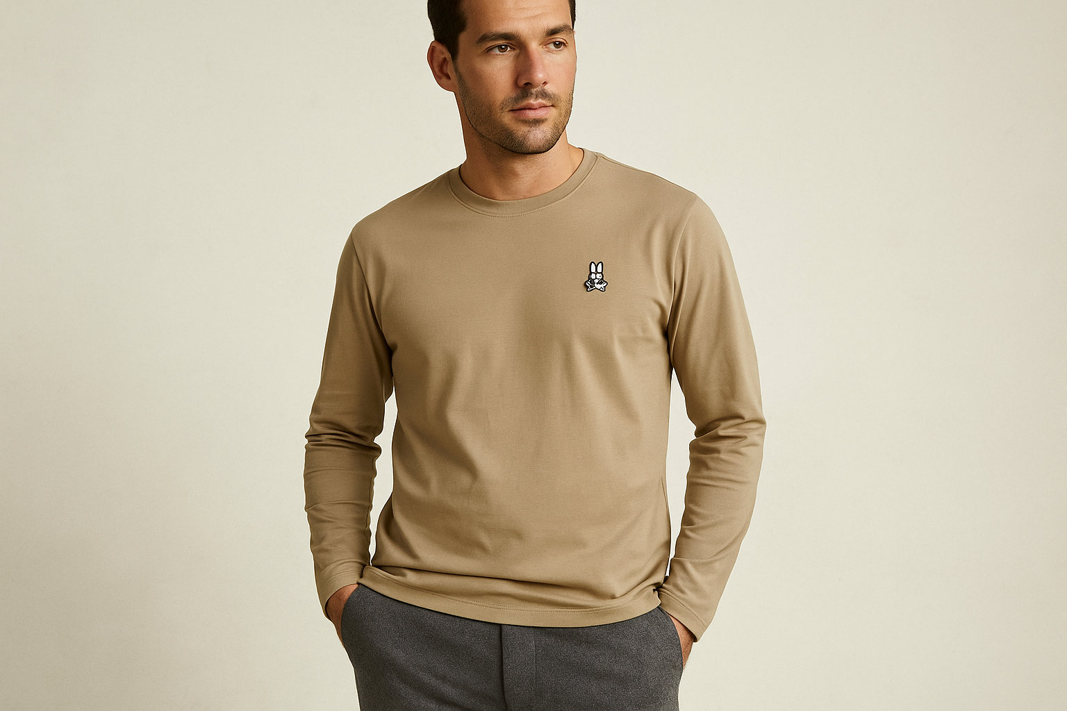 Look 4: Camiseta Psycho Bunny beige con pantalones de lana - Estilo elevated casual