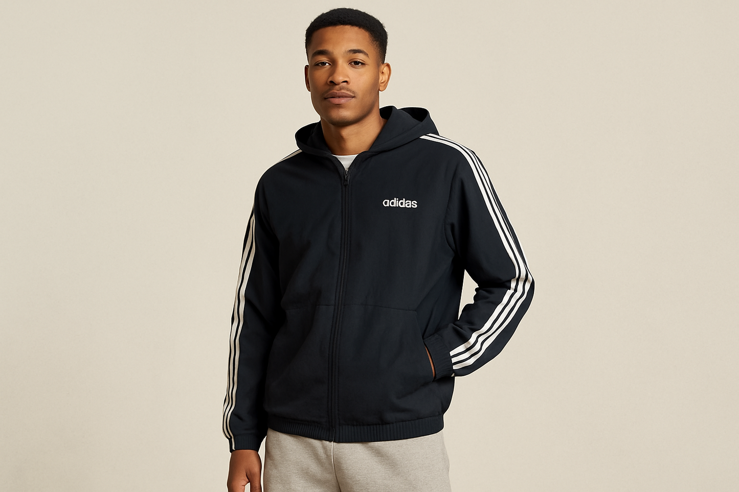 Look 4: Chaqueta Adidas con pants grises - Estilo streetwear