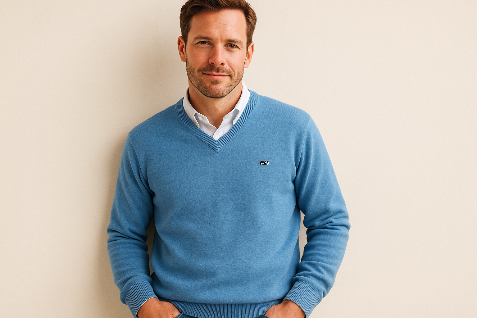 Look 4 - Con camisa oxford blanca por debajo, pose apoyado