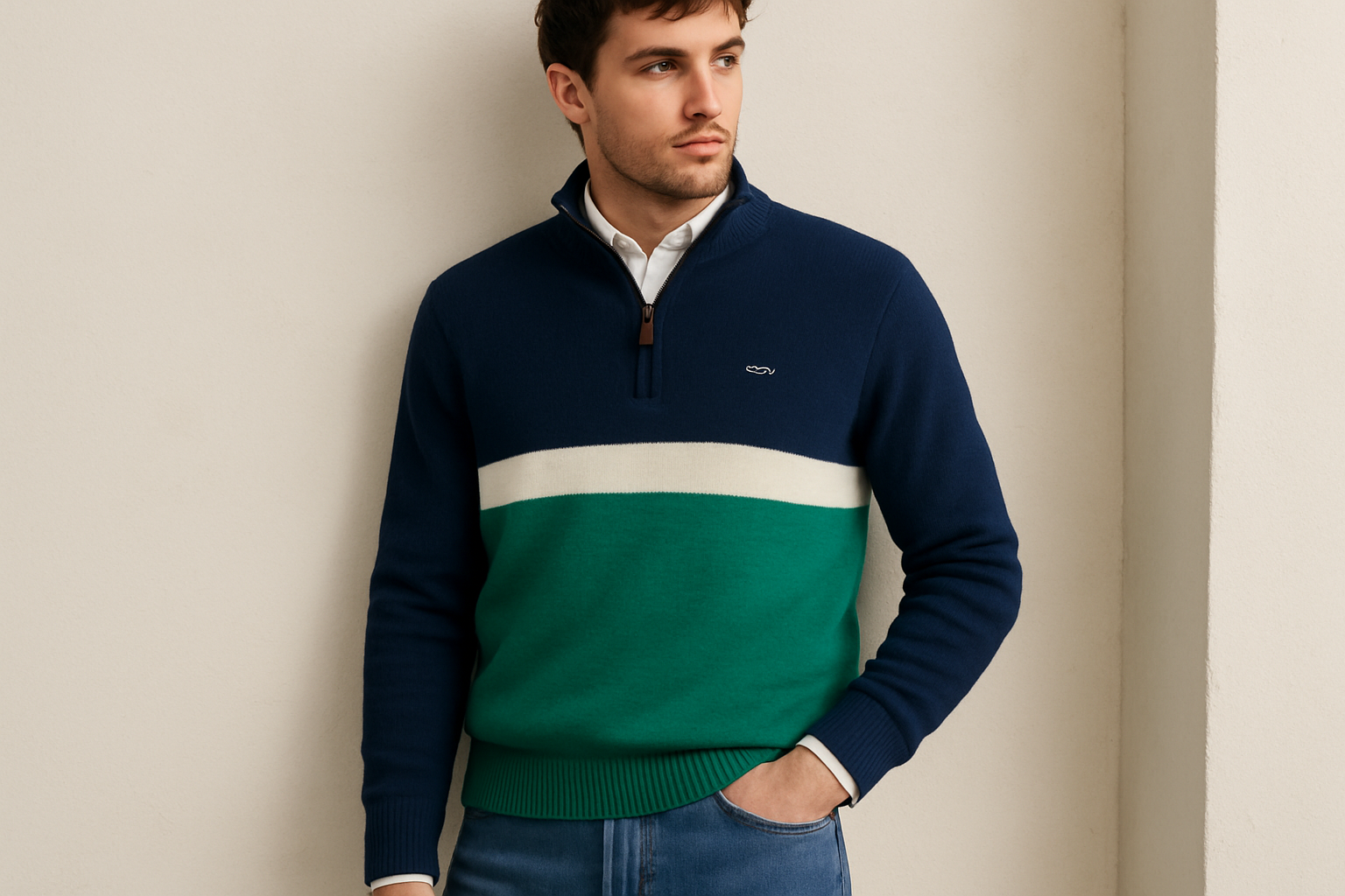 Look 4 - Con camisa oxford blanca por debajo, pose apoyado