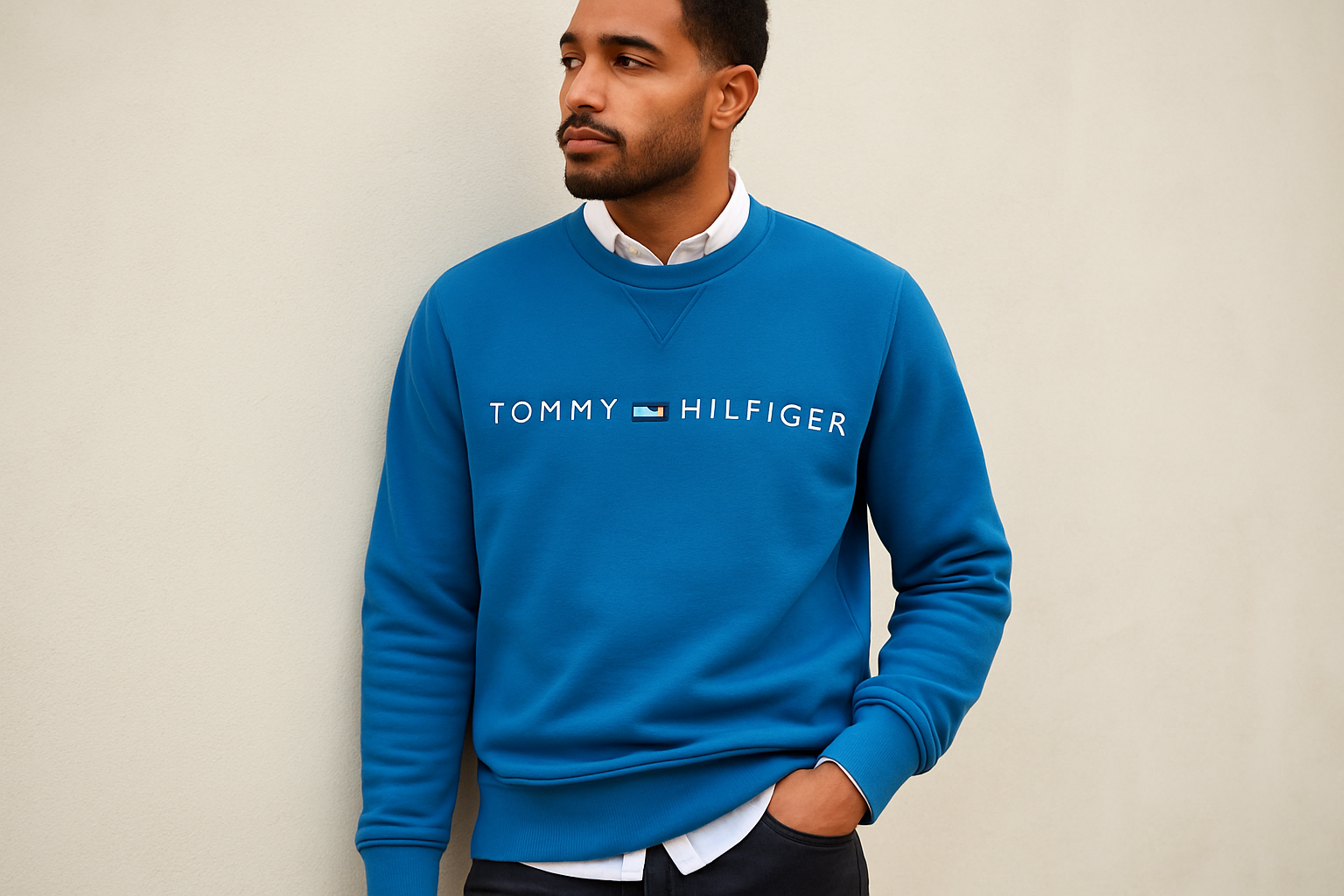 Look 4 - Con camisa oxford blanca por debajo, pose apoyado