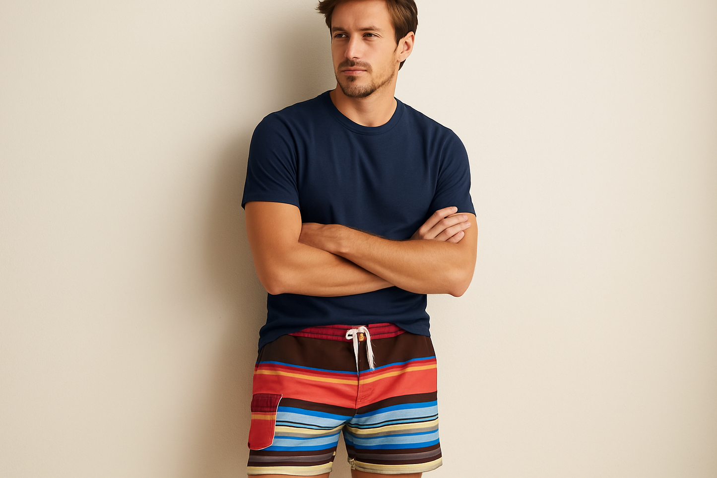 Look 4 - Con camiseta azul marino de cuello redondo, pose apoyado