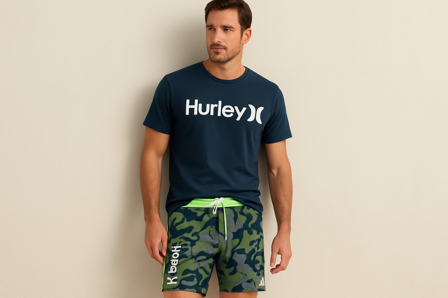 Look 4 - Con camiseta Hurley azul marino surf, pose apoyado