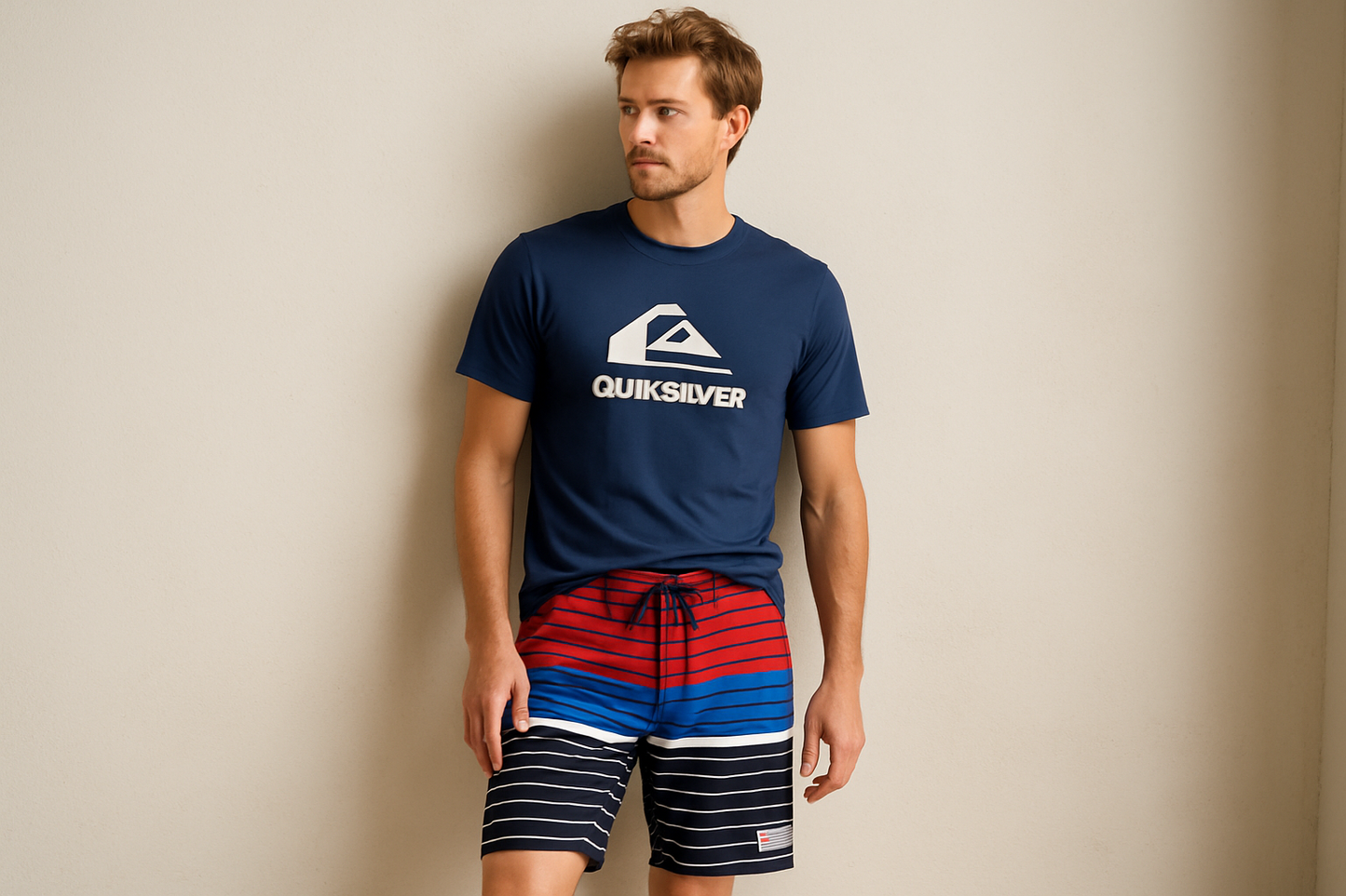 Look 4 - Con camiseta Quiksilver azul marino surf, pose apoyado