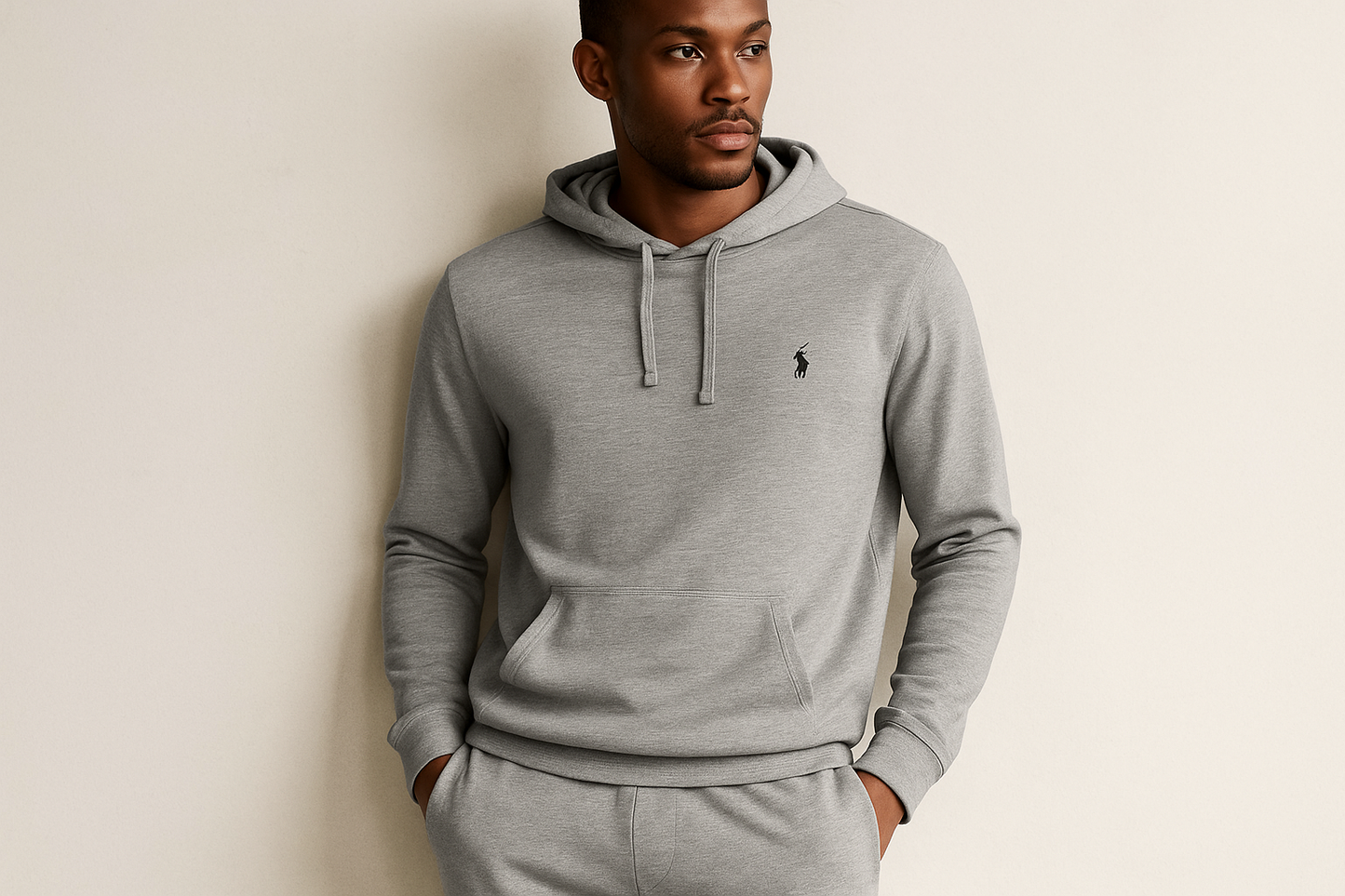 Look 4 - Con pants grises, pose apoyado