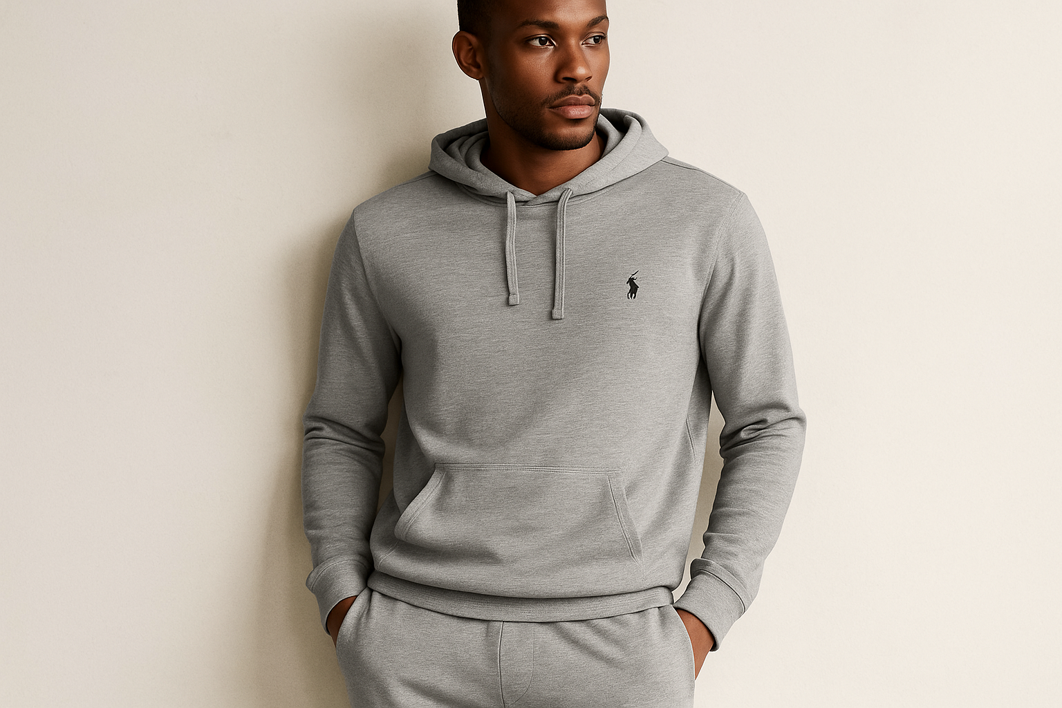 Look 4 - Con pants grises, pose apoyado