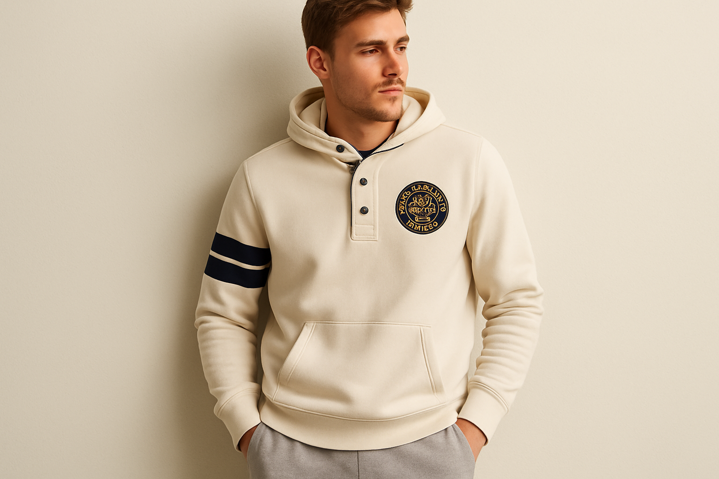 Look 4 - Con pants grises, pose apoyado