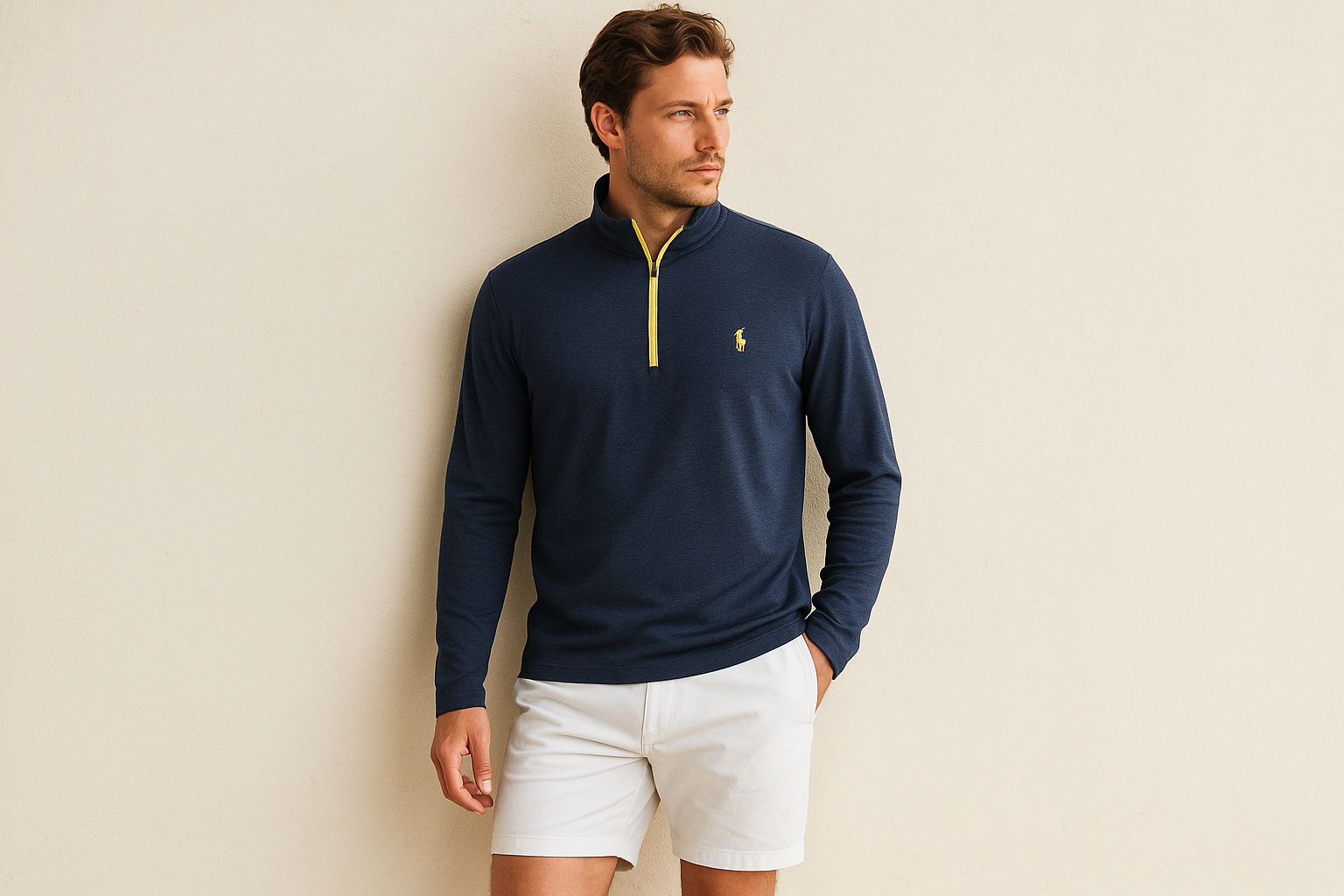 Look 4 - Con shorts blancos, pose apoyado