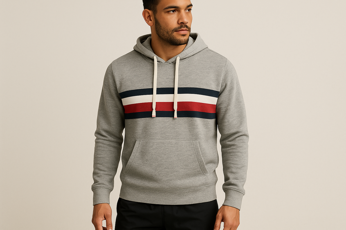 Look 4: Hoodie tricolor con shorts negros - Estilo training