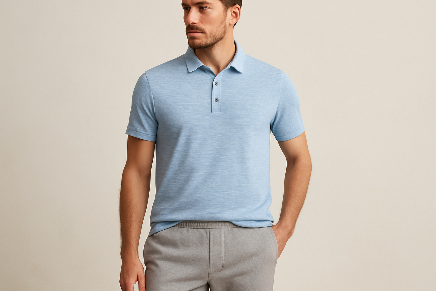 Look 4: Polo azul claro jaspeada con joggers grises - Estilo athleisure