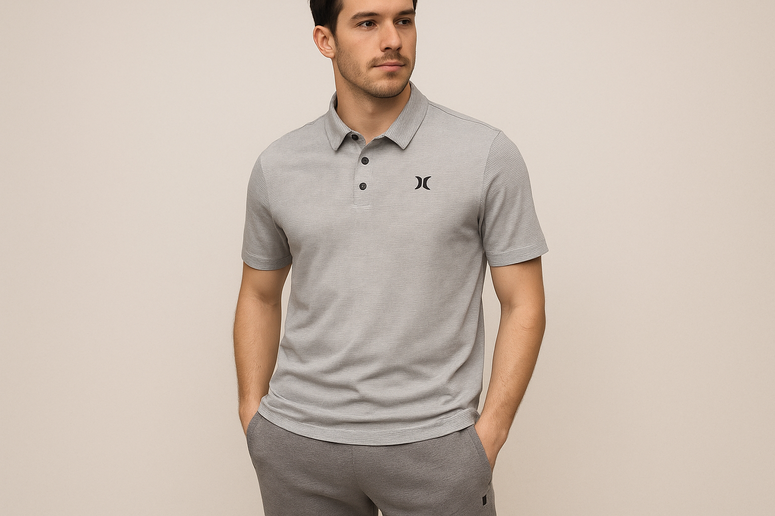 Look 4: Polo Hurley rayada con joggers grises - Estilo athleisure