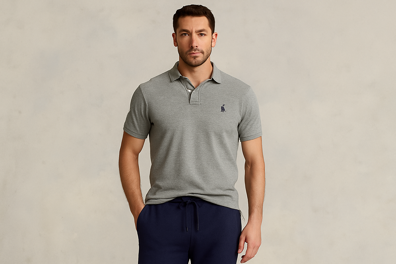 Look 4: Polo Ralph Lauren gris con joggers azul marino - Estilo athleisure