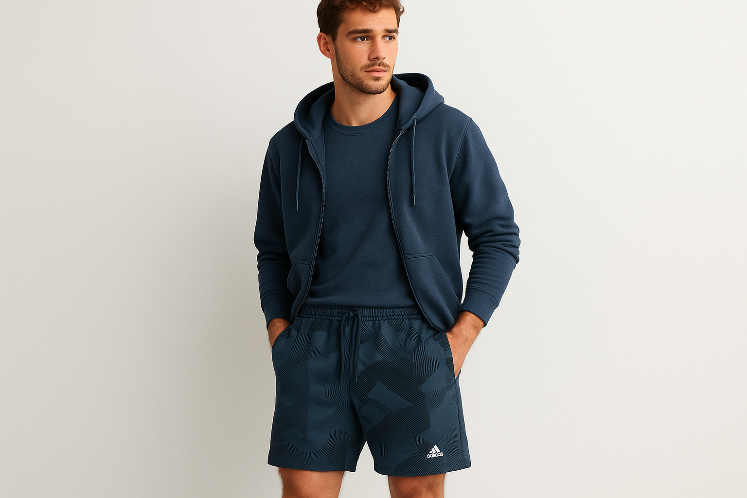 Look 4: Shorts con hoodie azul marino - Estilo casual atlético