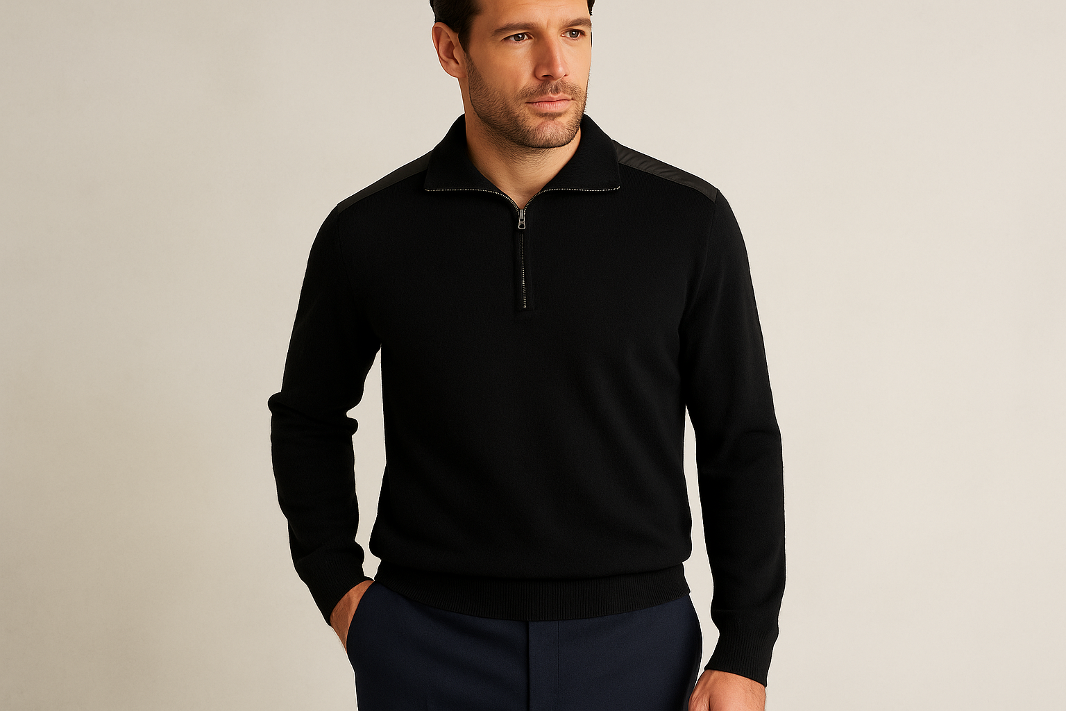 Look 4: Sudadera negra con pantalones azul marino - Estilo elevated casual