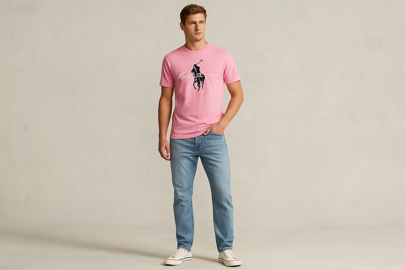 Look 5: Camiseta rosa Polo con jeans claros - Estilo weekend casual