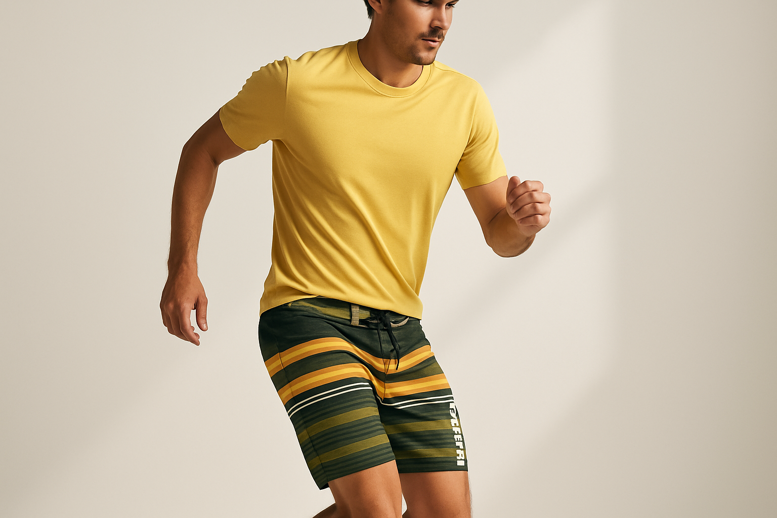 Look 5 - Con camiseta amarilla de cuello redondo, pose dinámica