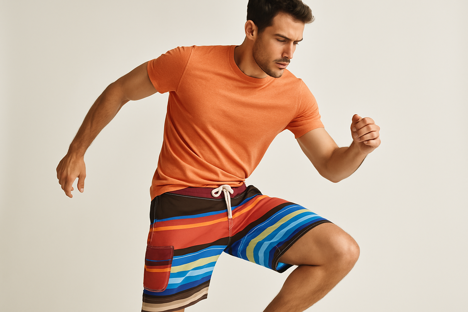 Look 5 - Con camiseta naranja de cuello redondo, pose dinámica