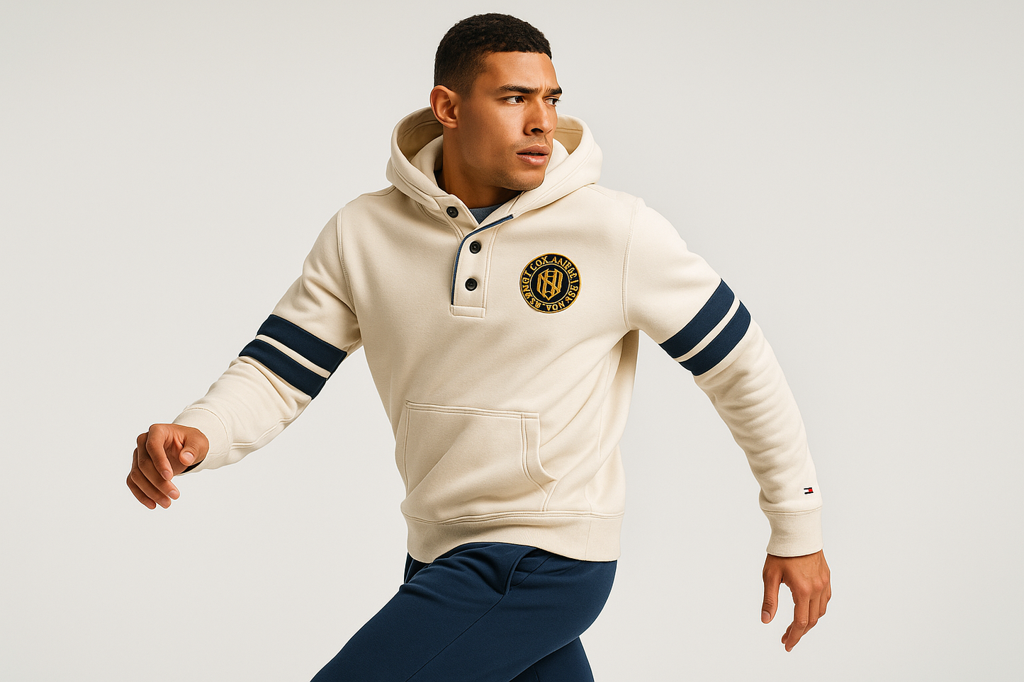 Look 5 - Con pantalones deportivos azul marino, pose dinámica