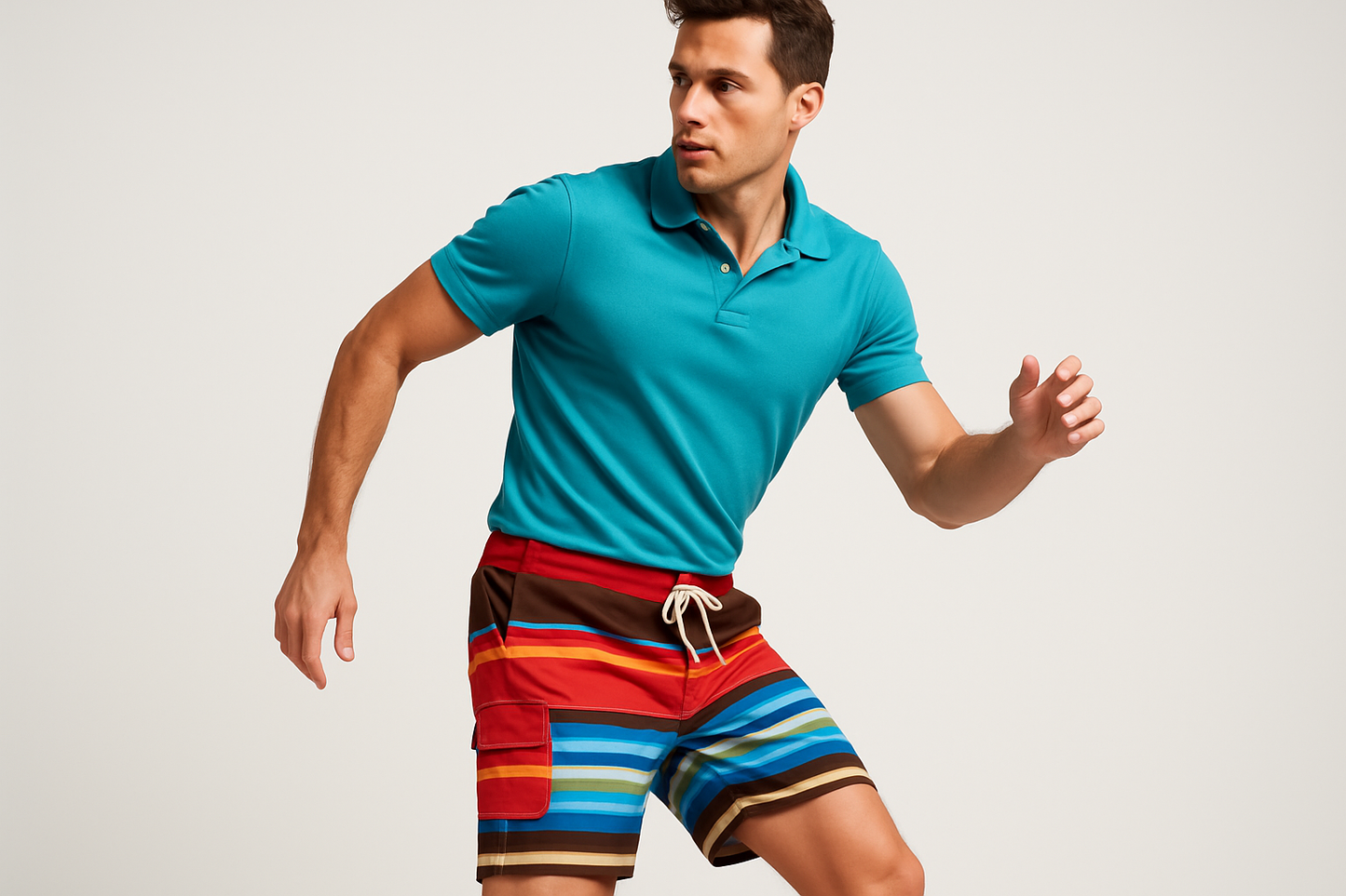 Look 5 - Con polo turquesa, pose dinámica