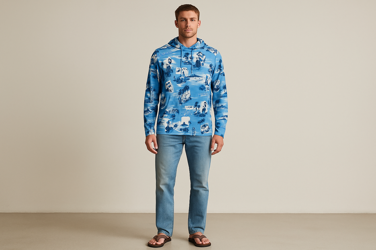 Look 5: Hoodie hawaiana con jeans claros y chanclas - Estilo vacation casual