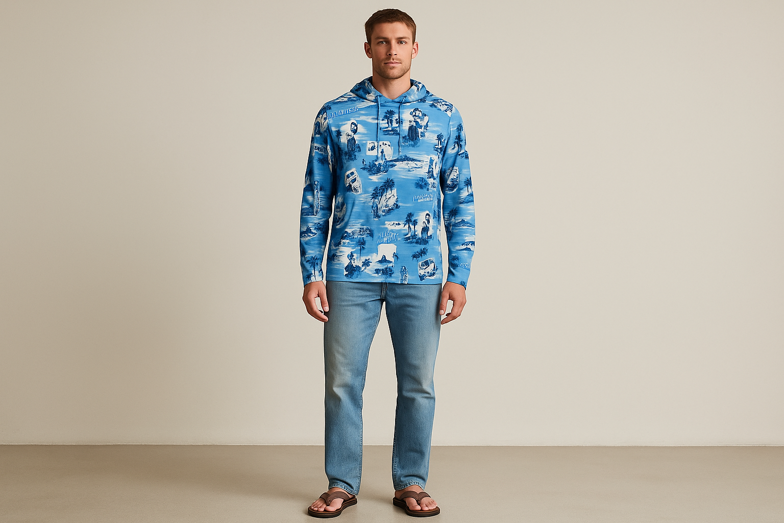 Look 5: Hoodie hawaiana con jeans claros y chanclas - Estilo vacation casual