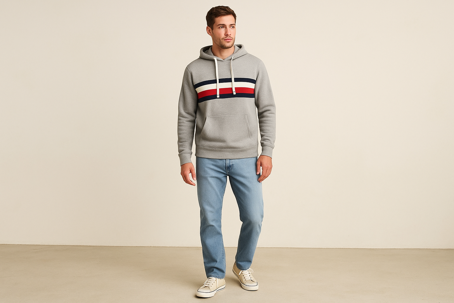Look 5: Hoodie tricolor con jeans claros - Estilo weekend casual