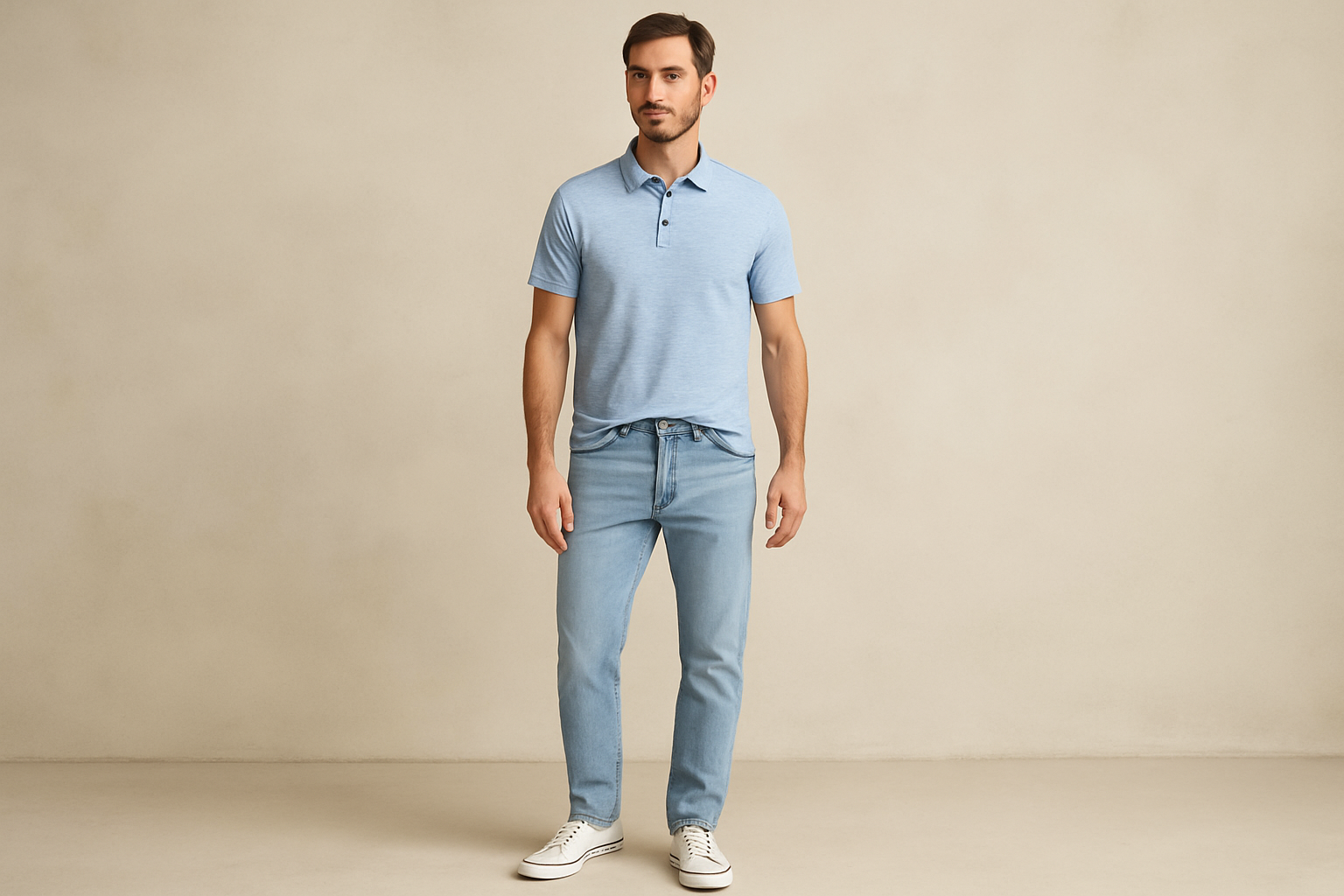 Look 5: Polo azul claro jaspeada con jeans claros - Estilo weekend casual