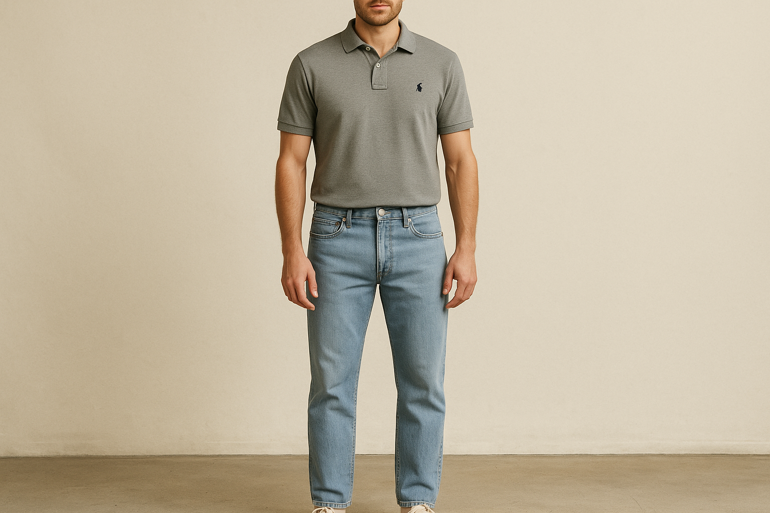 Look 5: Polo Ralph Lauren gris con jeans claros - Estilo weekend casual