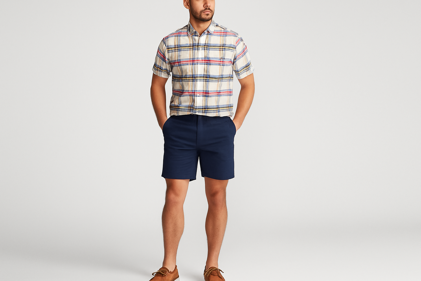 Look 5 - Preppy con shorts navy y boat shoes