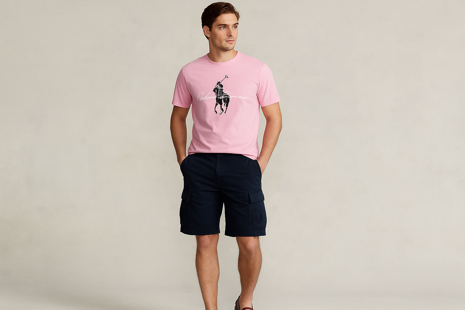 Look 6: Camiseta rosa Polo con cargo shorts azul marino - Estilo sophisticated preppy