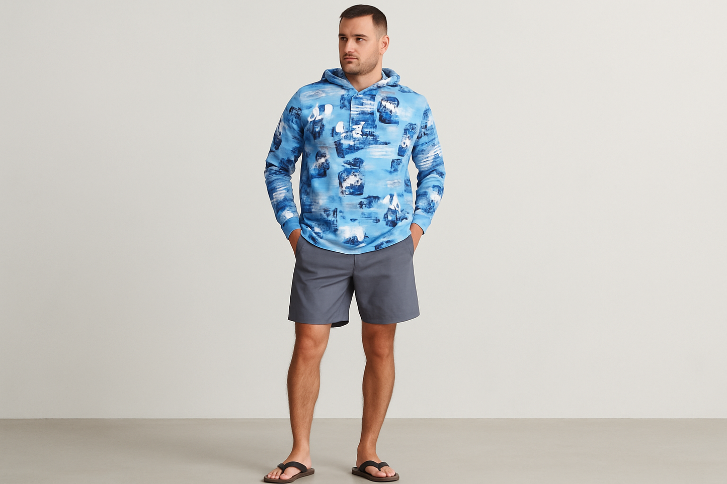 Look 6: Hoodie hawaiana con board shorts - Estilo surf casual